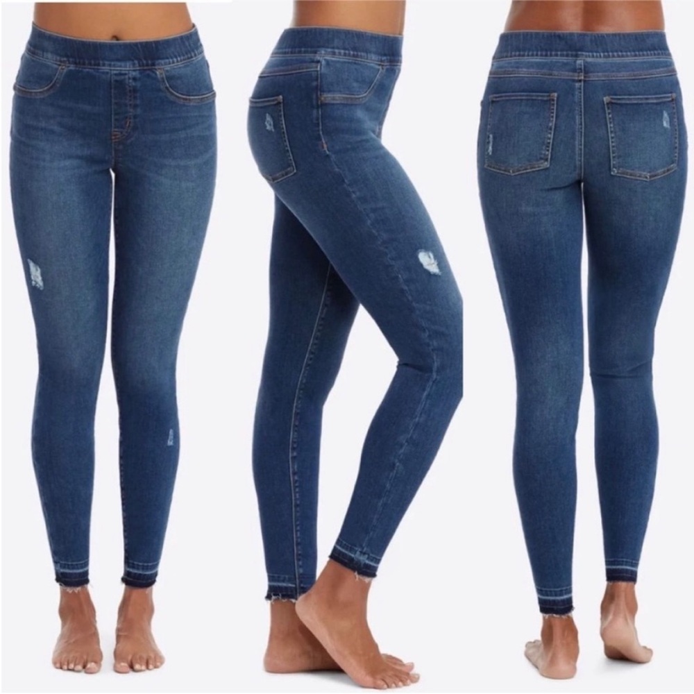 SPANX Distressed Ankle High Rise Skinny Jeans: Medium Wash - Picture 7 of 14